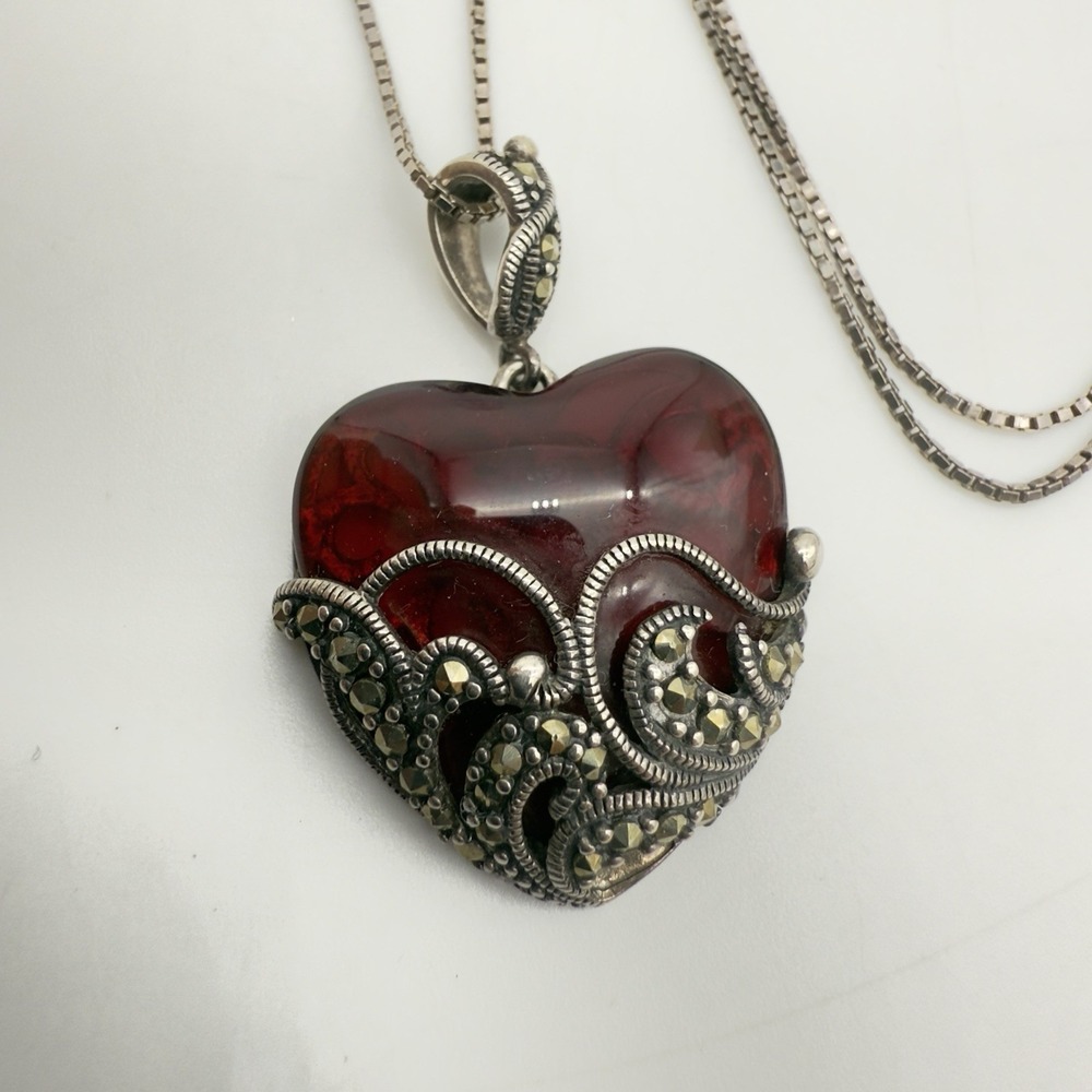Vtg Red Glass Heart Necklace 925 Sterling Silver Victorian Rev Ross Simons